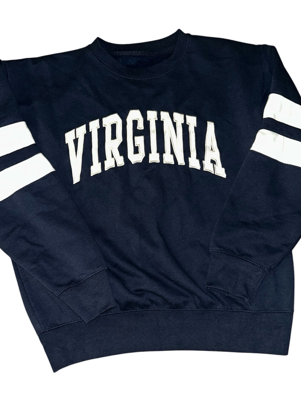 Virginia Arch Logo Navy Crewneck Sweatshirt with White Sleeve Stripes